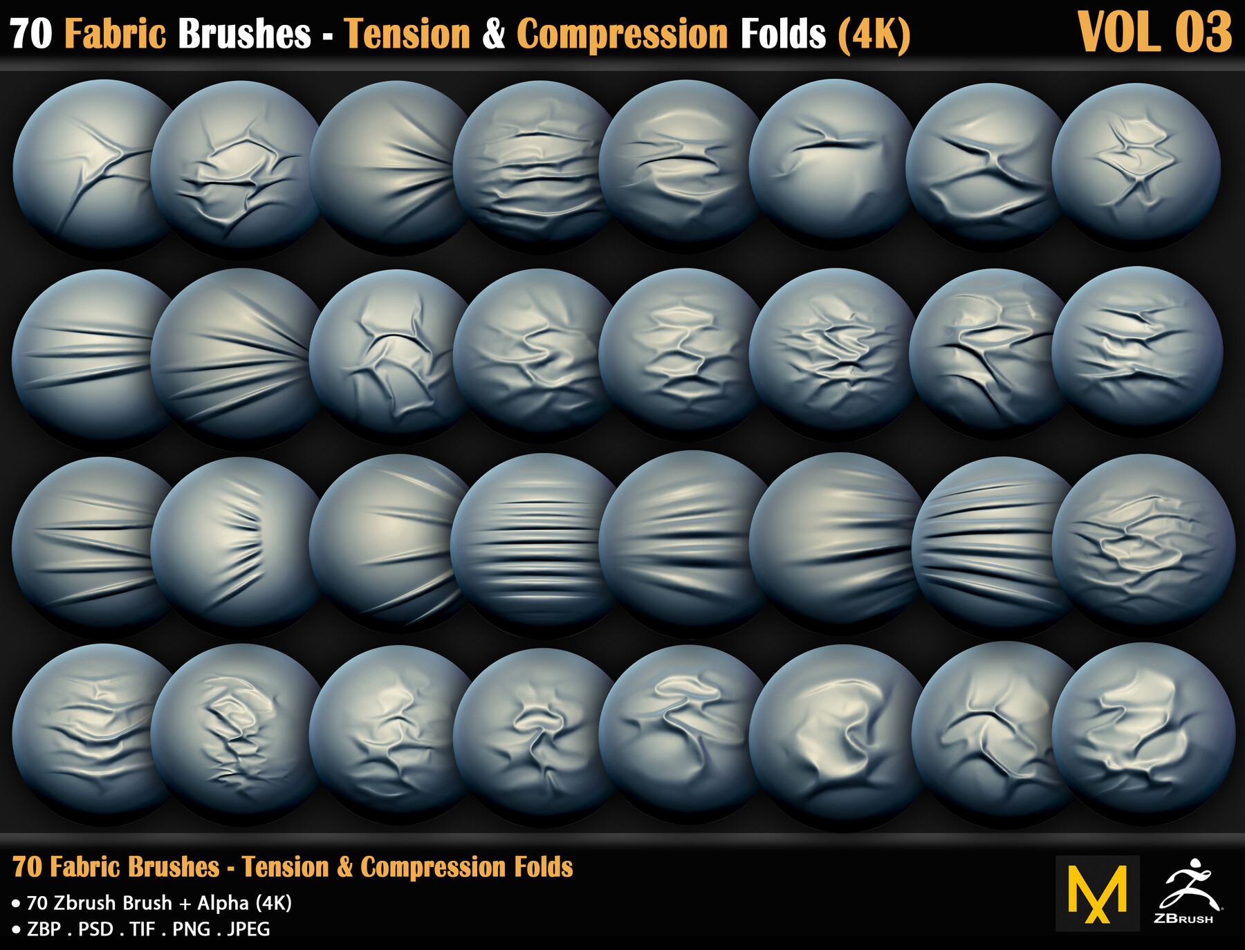 ArtStation - 70 Fabric Brushes - Tension & Compression Folds - 4K (VOL 03)