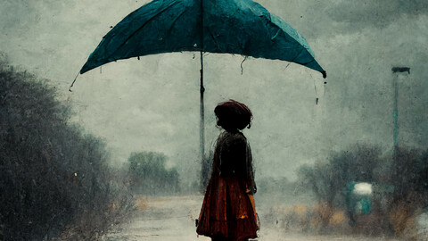 Girl holding umbrella walking alone under heavy rain, lonely, sad sky