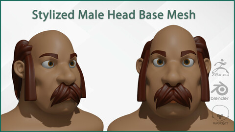 Stylized Male Head Base mesh with Hair in blender curve