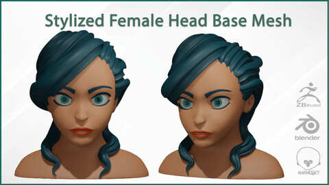 Female Head Stylized Base mesh with Hair in blender curve 3