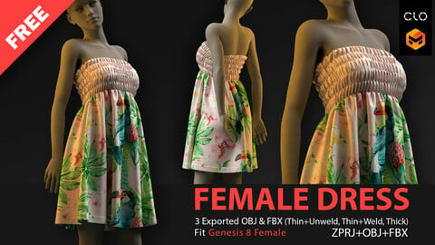 FREE FEMALE DRESS 02. CLO3D, MD PROJECTS+OBJ+FBX