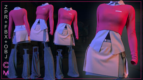 GIRL OUTFIT-marvelous Designer/ clo3D project file+fbx+obj