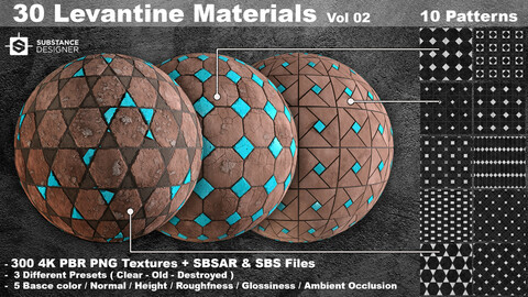 30 High quality Levantine material + SBS & SBSAR files, 10 tile-able patterns & 3 presets in 5 colors – vol 02