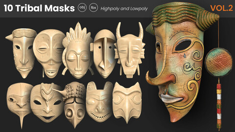 10 Tribal Masks (Highpoly and Lowpoly) Vol. 02
