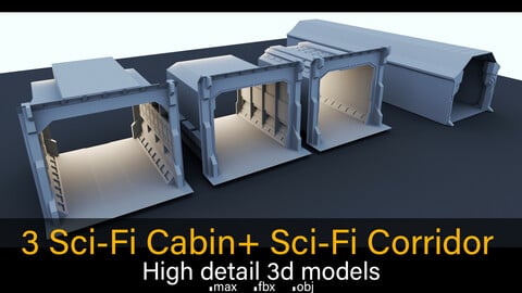 3 Sci-Fi Cabins & A Corridor- High detail 3d models