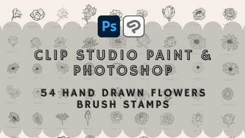 54 Hand-Drawn Flowers Brush Stamps for Clip Studio Paint and Photoshop.