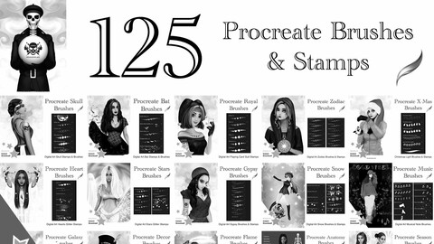 125 Procreate Brushes and Stamps | Chains, Tattoo, Jewelry, Bats, Skulls, Music & More!