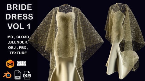 BRIDE DRESS VOL 1, Marvelous Designer, Projects Files: Zprj ,BLENDER, OBJ , FBX , Highpoly , Texture 4k