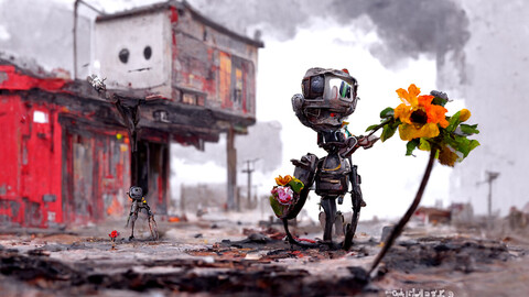Giant Robot Holding a Bouquet of Flowers and Walking through a