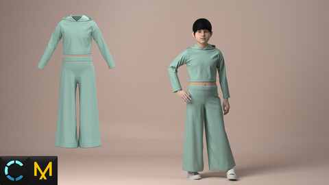 Kid's clothes. Crop hoodie and palazzo pants. obj, fbx, zprj. Clo3d. Marvelous Designer