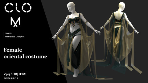 Female   oriental costume  / Marvelous Designer/Clo3D project file + OBJ