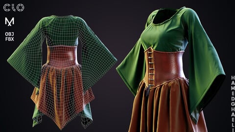 Medieval Women's Costume (Lowpoly + Highpoly + PBR Textures + ZPRJ File)