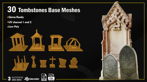 30 Low Poly Tombstones Base mesh