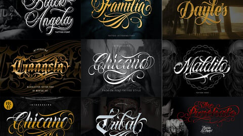 20 Premium Tattoo Fonts Bundle 5 | T-Shirt Print | Logo Font | Black Letter Calligraphy | Photoshop Font | Procreate Font