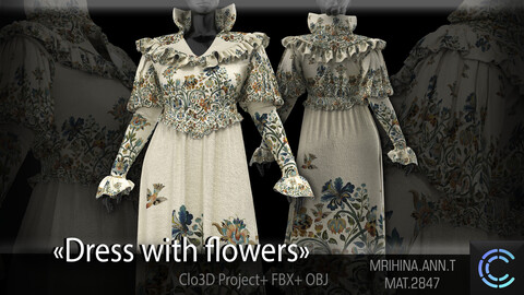 Dress with flowers on white backeround Clo3D. Marvelous Designer.