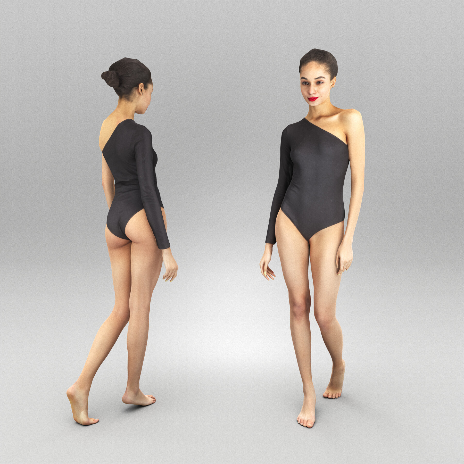 Photorealistic illustration of a girl in leotards from behind on