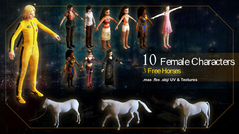 10 Female Characters_ 3 Free Horses_ 3d model