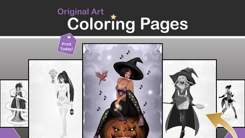 Halloween Adult Coloring Pages | Original Grayscale Halloween Female Coloring Book