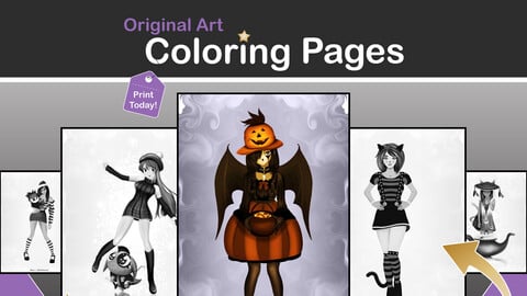 Halloween Adult Coloring Pages | Original Grayscale Halloween Female Coloring Book