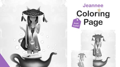 Printable Grayscale Coloring Pages for Adults | Halloween Female Kitty Cat Genie Coloring Pages