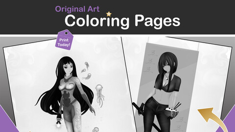 Printable Grayscale Coloring Pages for Adults | Original Female Manga Coloring Pages