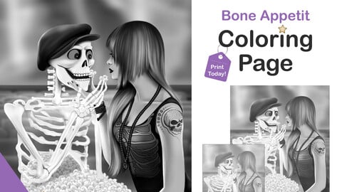 Printable Grayscale Coloring Pages for Adults | Halloween Female Zombie & Skeleton Coloring Pages