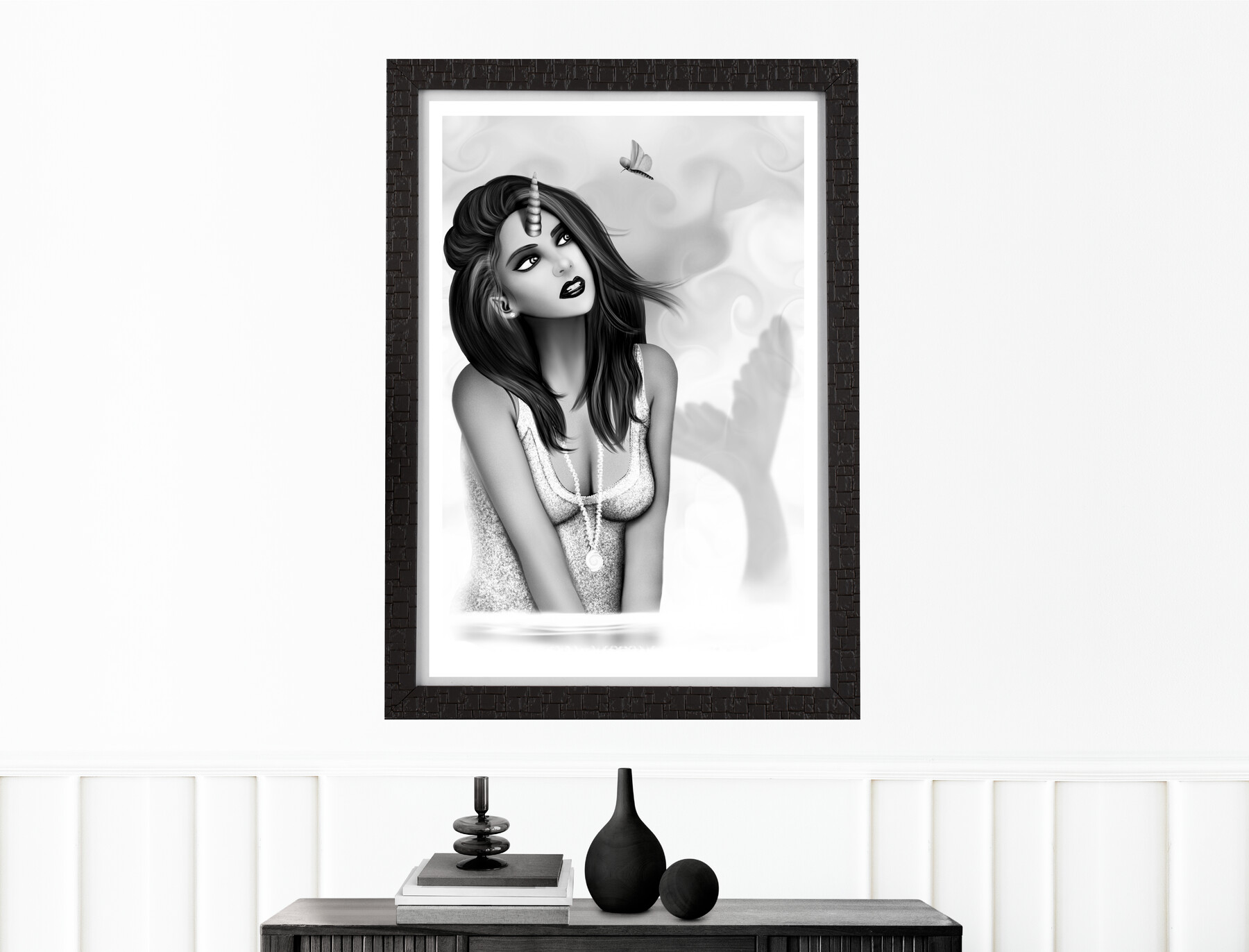 ArtStation Printable Fantasy Wall Art Female Mermaid Narwhal Original Art Print Black and