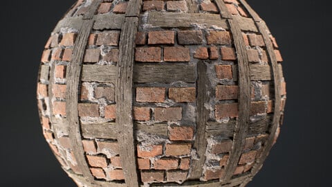 PBR - RARE BRICKWALL ON CEMENT WITH  WOOD PLANKS  - 4K MATERIAL + SBS GRAPH