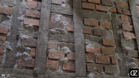 PBR - RARE BRICKWALL ON CEMENT WITH  WOOD PLANKS  - 4K MATERIAL + SBS GRAPH