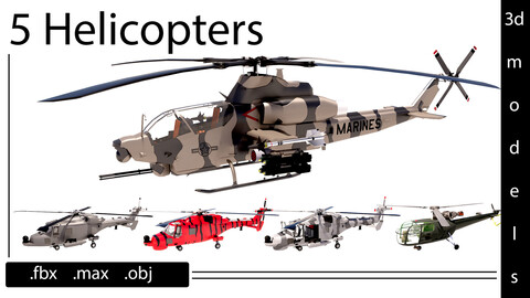 5 Helicopters- 3d models-max/ fbx/ obj