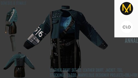 LEATHER SKIRT SET 02: LEATHER SKIRT, JACKET, TEE, STOCKINGS: CLO3D, MARVELOUS DESIGNER PROJECT|+OBJ+FBX