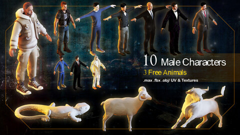 10 Male Characters_ 3 Free Animals_ 3d model