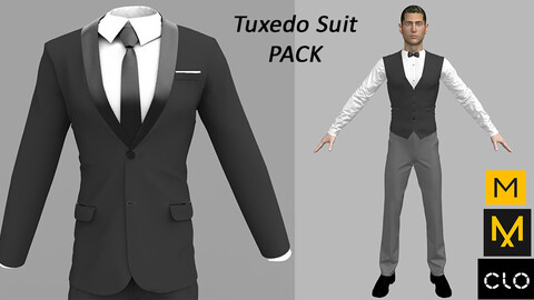 CLO3D Marvelous Designer Tuxedo Suit Garment Files + Marvelous Clothing Templates PACK (Tuxedo Suit, Shirt, Vest, 4 Types of Collars, Bow Tie, Pants, Suit Jacket)