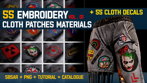 " 55 Embroidery Cloth Patches Materials " / SBSAR - PNG - Video Tutorial (Vol.1)