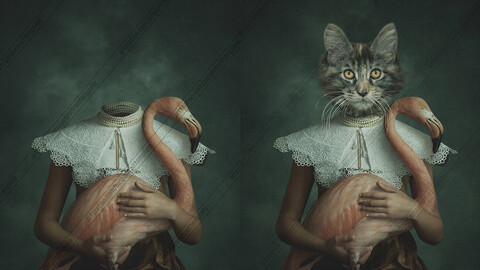 Kitty Child Holding A Flamingo - Pet Portrait Template - PSD File