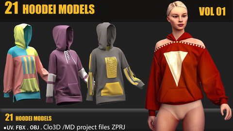 21 HOODEI MODELs Clo3D / MD Project Zprj . UV . FBX . OBJ