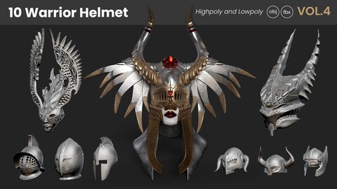 10 Warrior Helmets (Highpoly and Lowpoly) Vol. 04