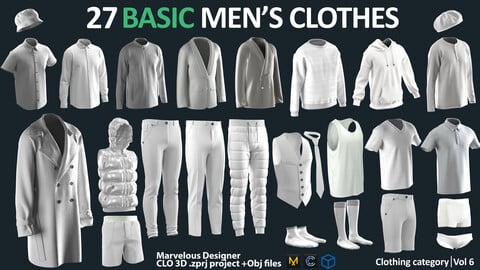27 BASIC MEN'S CLOTHES PACK / Marvelous Designer / CLO3D + ZPRJ + OBJ + material