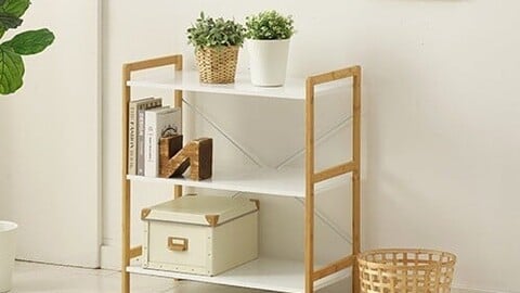 Wide wooden storage shelf