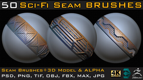 50 Sci-fi Seam Brushes+3D Model & Alpha ( Tileable 4k-16bit) Vol.01