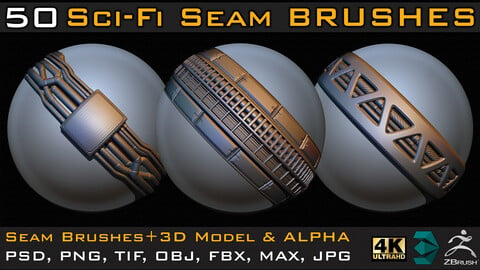 50 Sci-fi Seam Brushes+3D Model & Alpha ( Tileable 4k-16bit) Vol.02