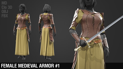 Female medieval armor #1 / Skin / Dress / Сorset / Armbands / Shoulder / Belt / Outfit / Set / Marvelous Designer
