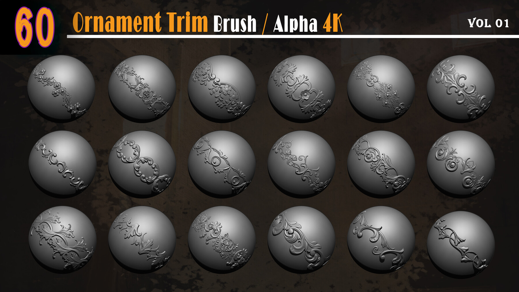 ArtStation - 60 Ornament Trim Brush / Alpha Vol 01 | Brushes