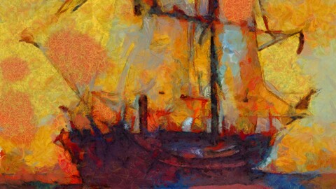 An antique sailing vessel at sunset