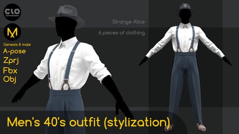 Men's 40's outfit (stylization). Clo3d, Marvelous Designer projects.