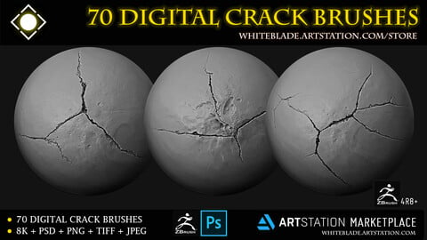 70 Digital Crack Brushes Vol.01 - ZBrush 4R8+/Blender/Mudbox/3dcoat