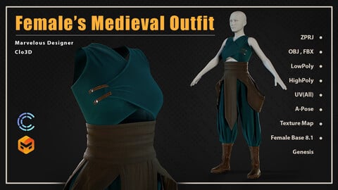 Women's Medieval Outfit / Marvelous Designer Clo3d Project + OBJ , FBX (Low Poly)