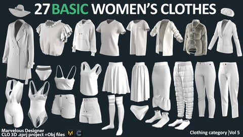 27 BASIC WOMEN'S CLOTHES PACK / Marvelous Designer / CLO3D + ZPRJ + OBJ