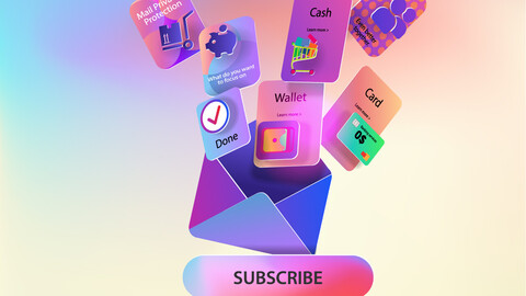 A paper envelope and web icons flying out of it and a subscribe button