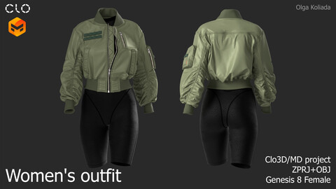 Women's outfit (bomber Jacket+cycling shorts+top). Marvelous Designer/Clo3d project+OBJ